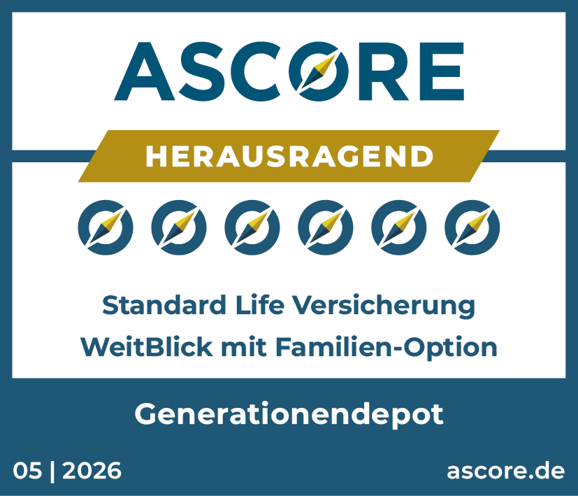 <p>Versichern, Vermögen organisieren, Rendite erwirtschaften, Steuervorteile nutzen: Die Rating Agentur ASCORE vergibt für unsere WeitBlick mit Familien Option ein „Herausragend“ im Bereich Generationendepot. ASCORE analysiert und bewertet auf Basis der von ihr erstellten Unternehmens- und Produktdatenbanken anhand von fest definierten Bewertungskriterien Versicherungsunternehmen (Unternehmensscoring bzw. -rating) und Versicherungsprodukte (Produktscoring bzw. Leistungsrating).</p>