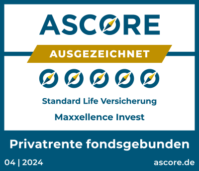 Das seit Jahren niedrige Zinsumfeld macht die klassische Vermögensanlage schwer. Ein cleveres Konzept, das die Vorteile einer Versicherung mit den Vorteilen eines Fondssparplans vereint, ist „Maxxellence Invest“ der Standard Life. Die Rating-Agentur ASCORE hat „Maxxellence Invest“ ein hervorragendes Zeugnis ausgestellt. ASCORE analysiert und bewertet Versicherungsunternehmen und -produkte anhand von fest definierten Bewertungskriterien.