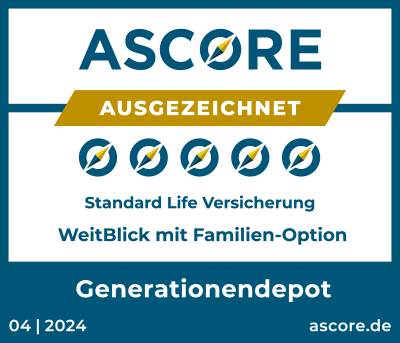 Versichern, Vermögen organisieren, Rendite erwirtschaften, Steuervorteile nutzen: Die Rating Agentur ASCORE vergibt für unsere WeitBlick mit Familien Option ein „Ausgezeichnet“ im Bereich Generationendepot. ASCORE analysiert und bewertet auf Basis der von ihr erstellten Unternehmens- und Produktdatenbanken anhand von fest definierten Bewertungskriterien Versicherungsunternehmen (Unternehmensscoring bzw. -rating) und Versicherungsprodukte (Produktscoring bzw. Leistungsrating).