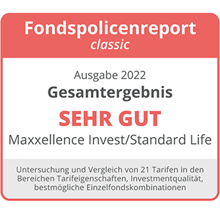 Maxxellence Invest erreicht ein „sehr gut“ im Fondspolicenreport: Unsere Maxxellence Invest gehört damit zu den Top 10 Tarifen, die die erforderliche Flexibilität bieten, um strategische Portfolios zu erstellen. Gegenstand der Untersuchung waren 21 Tarife einzelner Anbieter in den Bereichen Tarifeigenschaften, Investmentqualität und bestmögliche Einzelfondskombinationen.