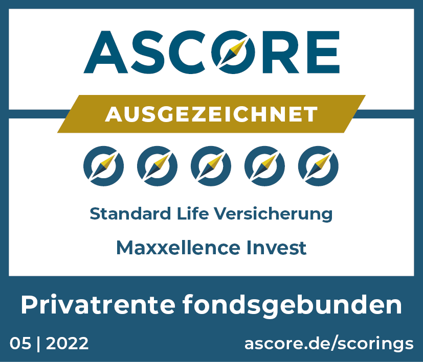 Das seit Jahren niedrige Zinsumfeld macht die klassische Vermögensanlage schwer. Ein cleveres Konzept, das die Vorteile einer Versicherung mit den Vorteilen eines Fondssparplans vereint, ist „Maxxellence Invest“ der Standard Life. Die Rating-Agentur ASCORE hat „Maxxellence Invest“ ein hervorragendes Zeugnis ausgestellt. ASCORE analysiert und bewertet Versicherungsunternehmen und -produkte anhand von fest definierten Bewertungskriterien.